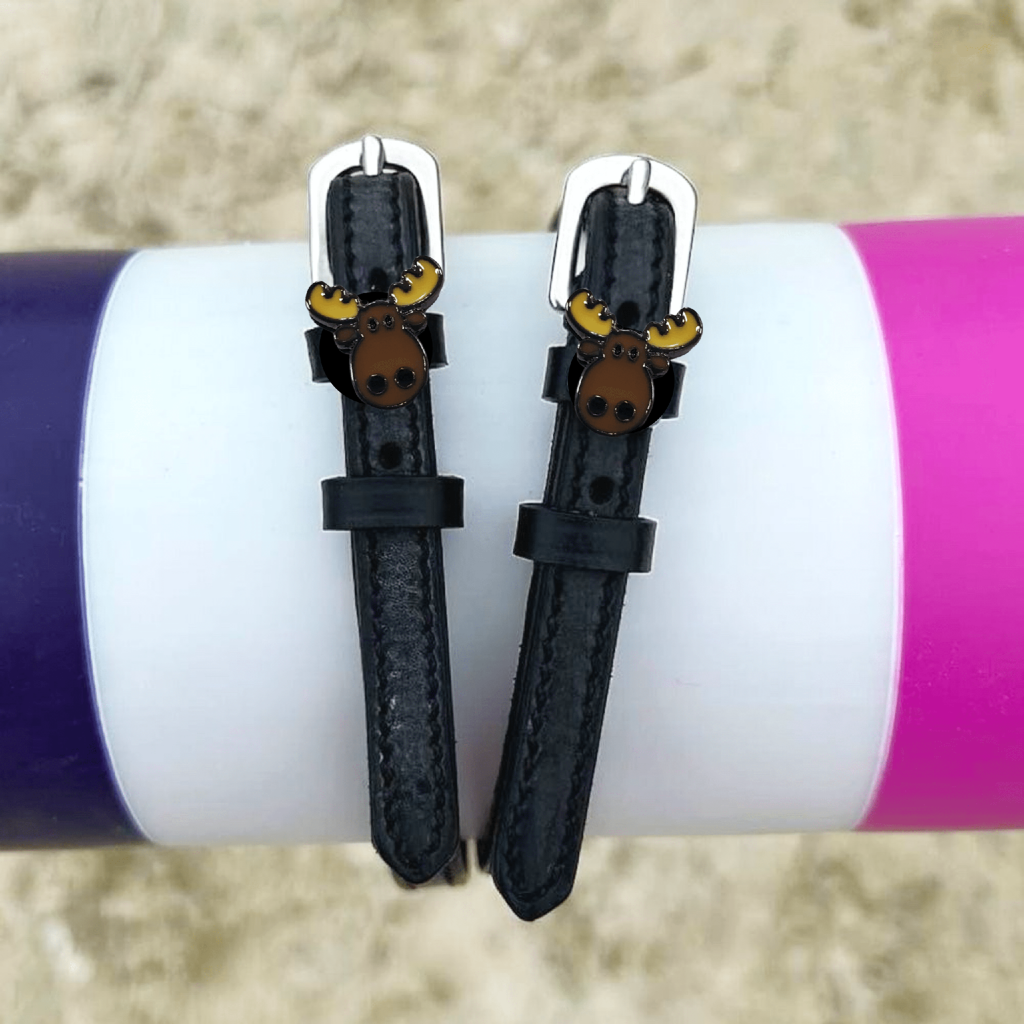 Moose Spur Straps ManeJane black leather spur straps with non-stretch interior and stainless steel buckle for English ridin.