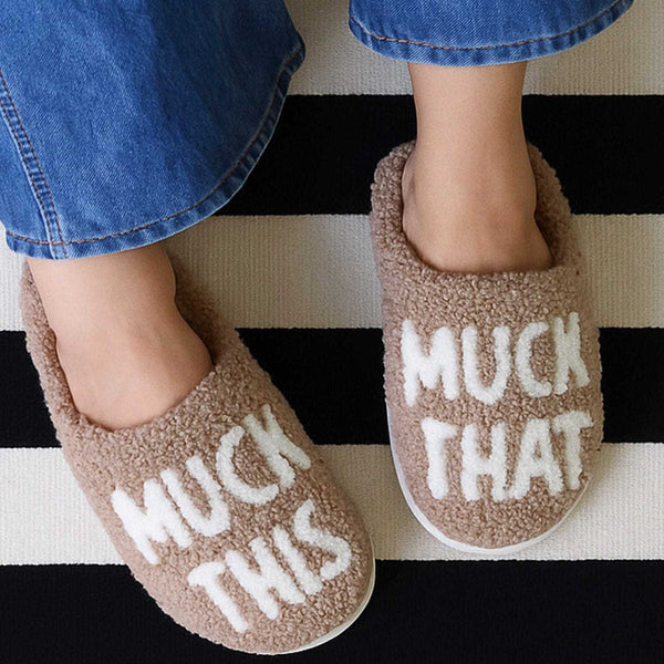 Muck This Equestrian Bundle cozy slippers with MUCK THIS and MUCK THAT text