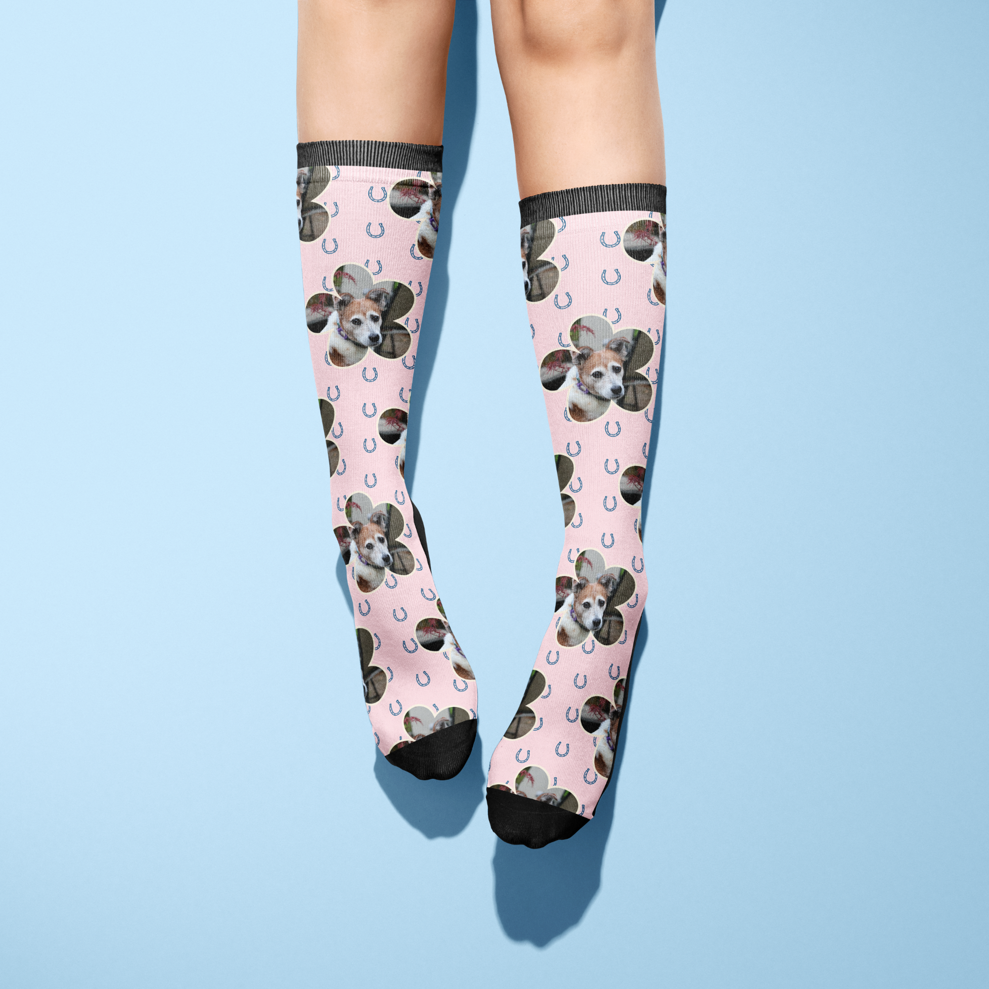 Custom flower pattern socks with blue horseshoes and personalized dog photo on pink background