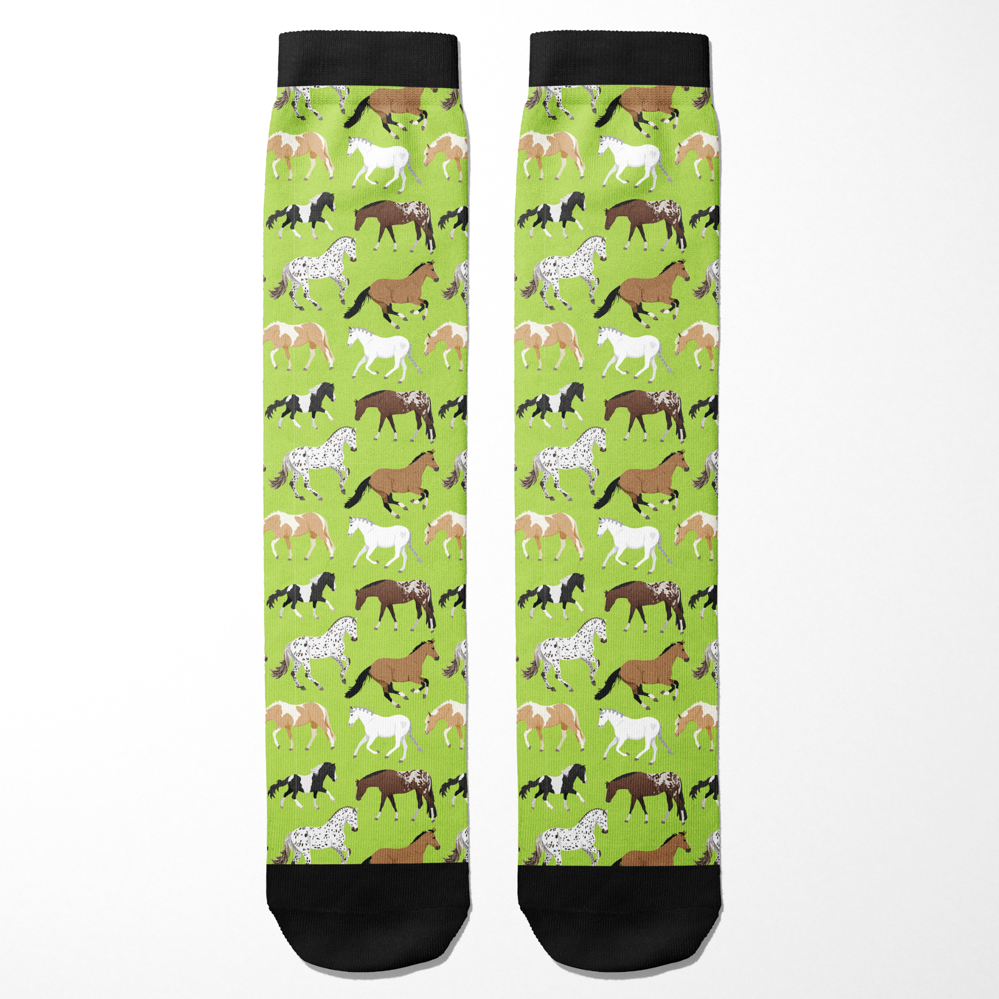 Limited Edition Pony Island Neon Ponies Socks with colorful horse pattern on green background and black cuffs and toes