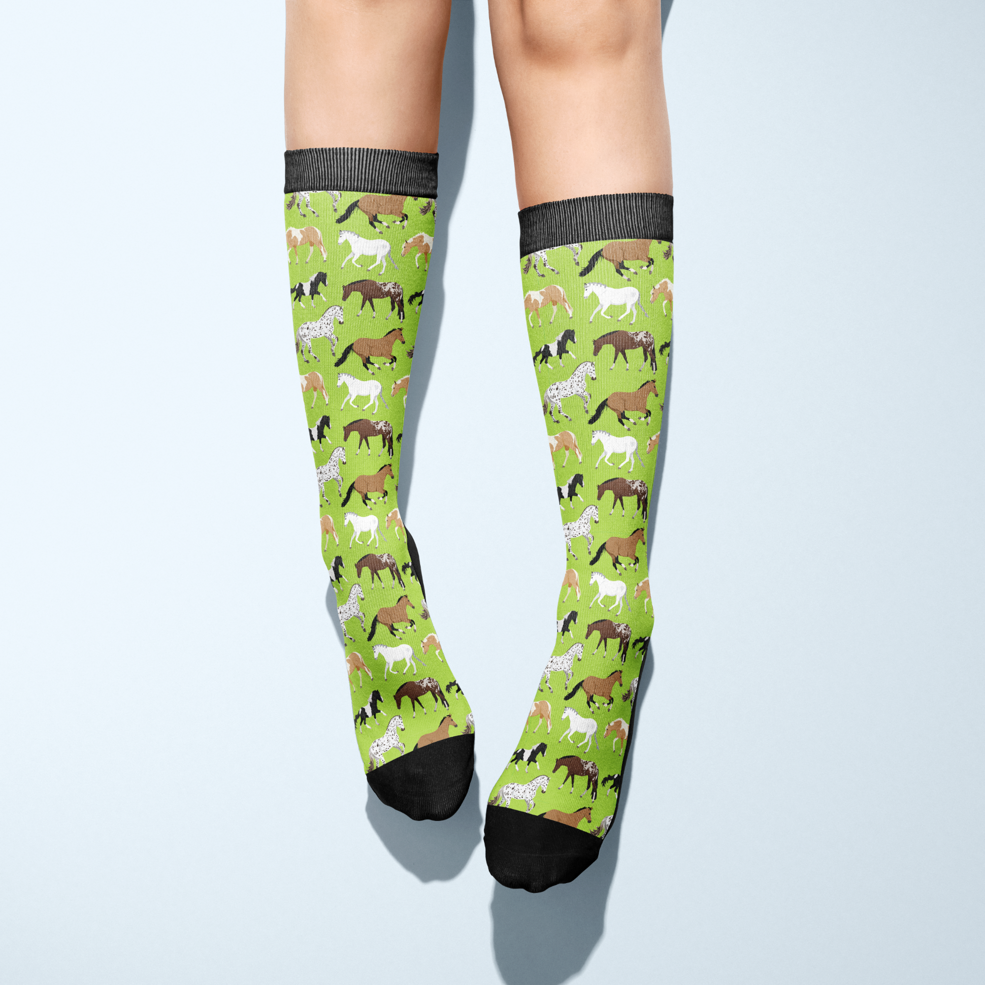 Limited Edition Pony Island Neon Ponies socks with colorful pony pattern on green background, knee-high boot socks