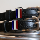 Black leather Netherlands flag spur straps with stainless steel buckle and custom charm
