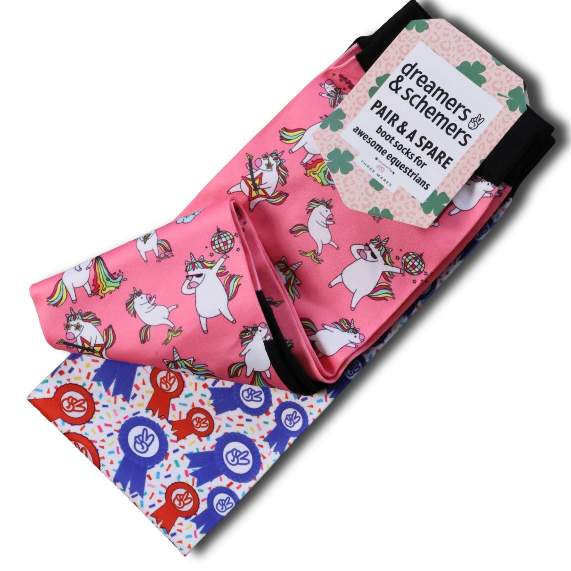 Party Too Hardycorn Pair & a Spare equestrian boot socks featuring unicorn party print, alternate angle, by Dreamers & Schemers