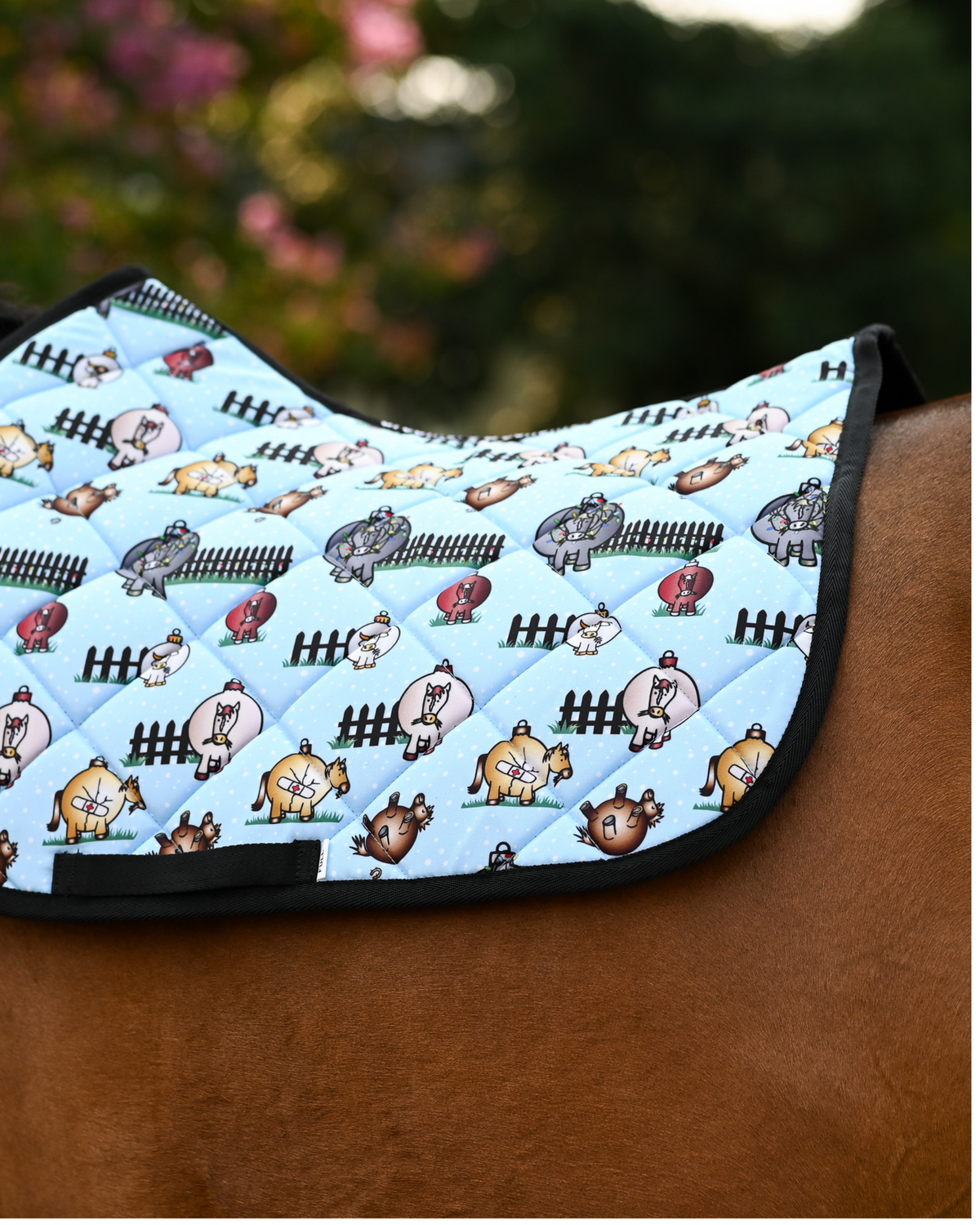 Light blue Pasture Ornaments pad with bauble horses and black picket fences, on a chestnut horse