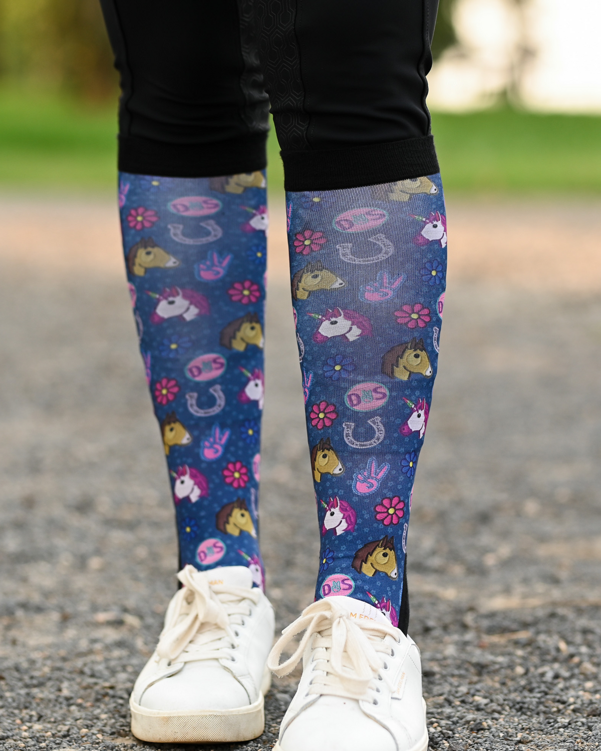 Patch Perfect Pair & a Spare boot socks worn on the calf, navy with unicorn, horseshoe and daisy patch badges