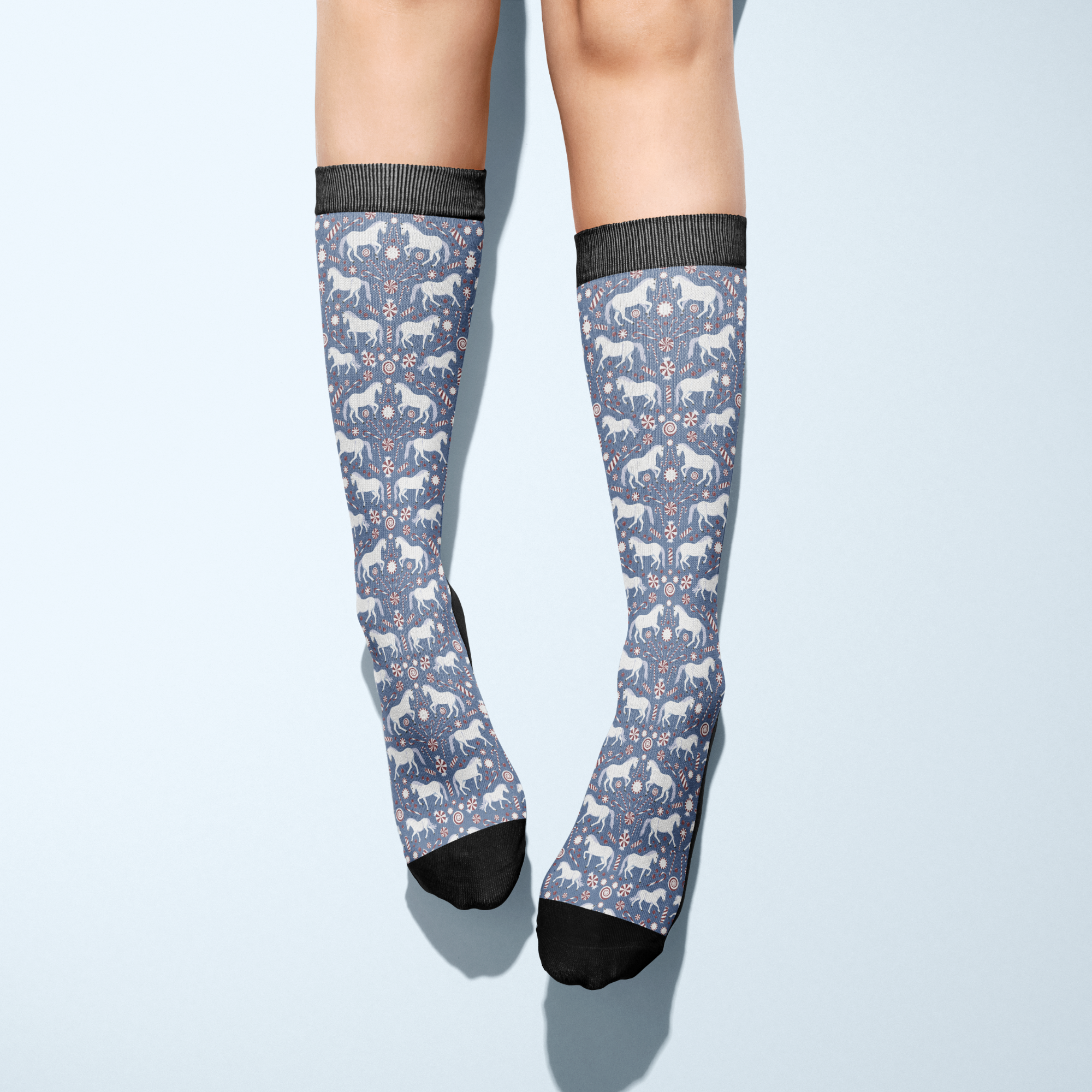 Limited Edition Pony Island Peppermint Ponies Socks with candy cane and prancing pony design in boot sock style