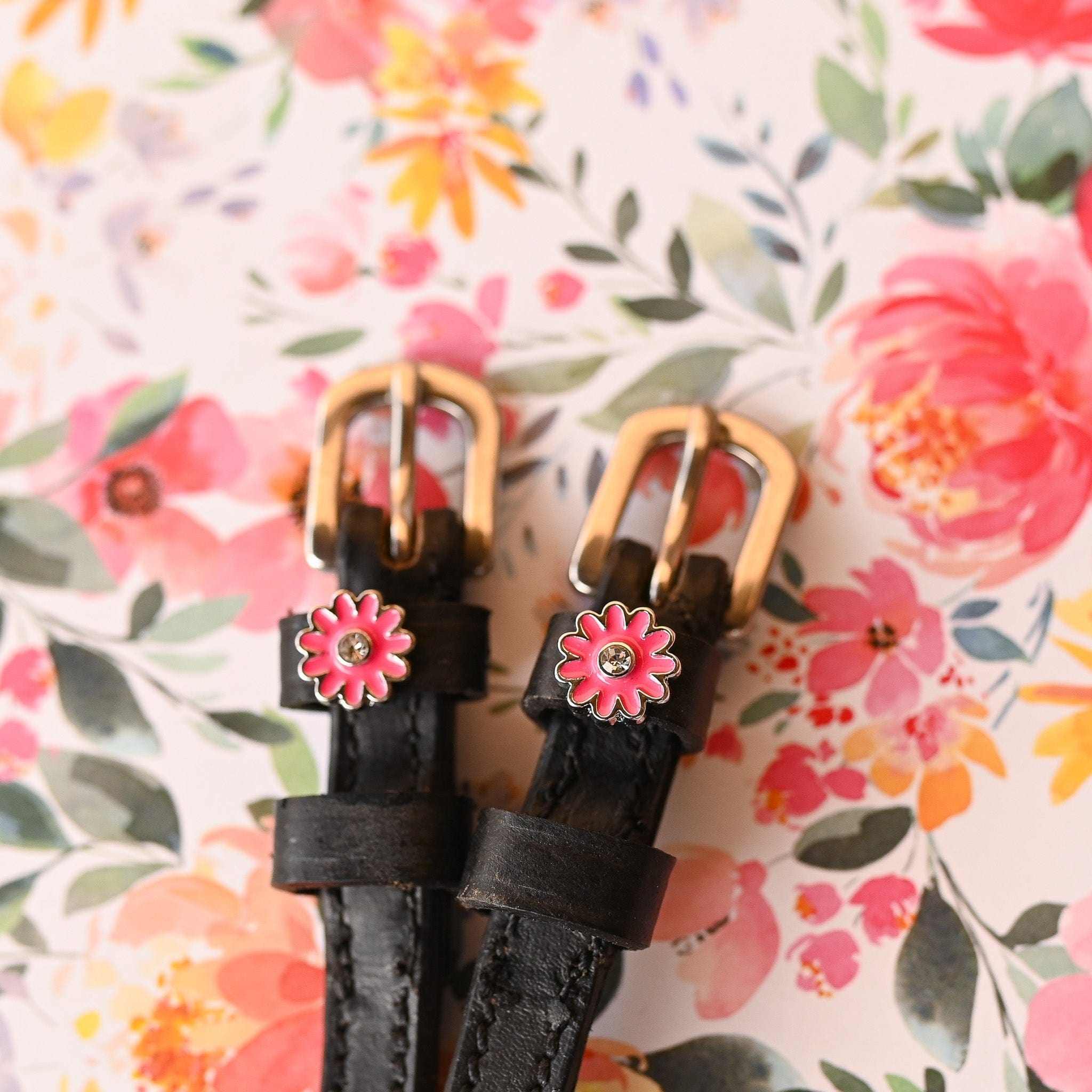 ManeJane Pink Flower Spur Straps Spur Straps — black leather, non-stretch, hero image for English riders.