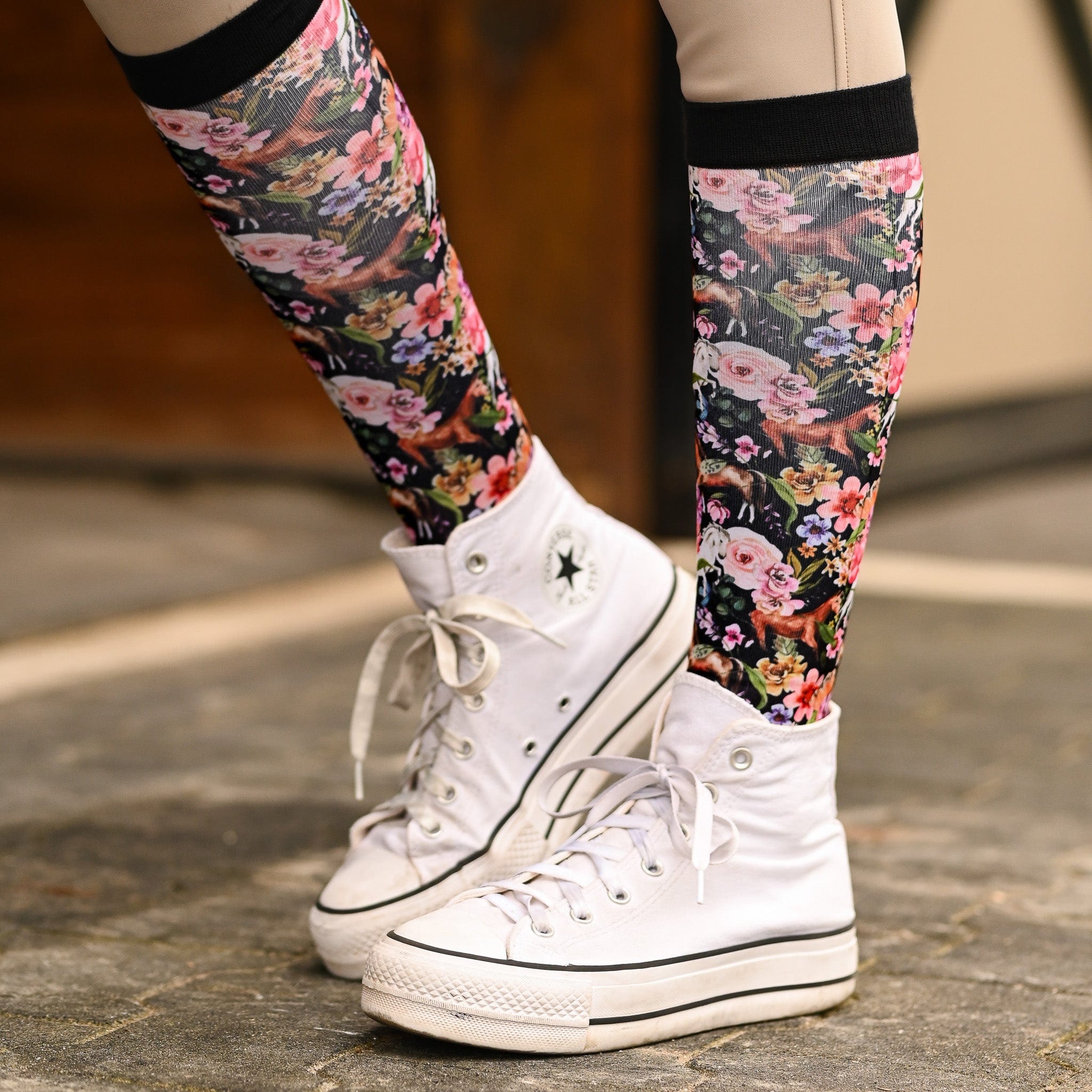 dreamers & schemers Pair & A Spare Pony Mac Black Floral Horse Pair & a Spare equestrian boot socks boot socks thin socks riding socks pattern socks tall socks funny socks knee high socks horse socks horse show socks