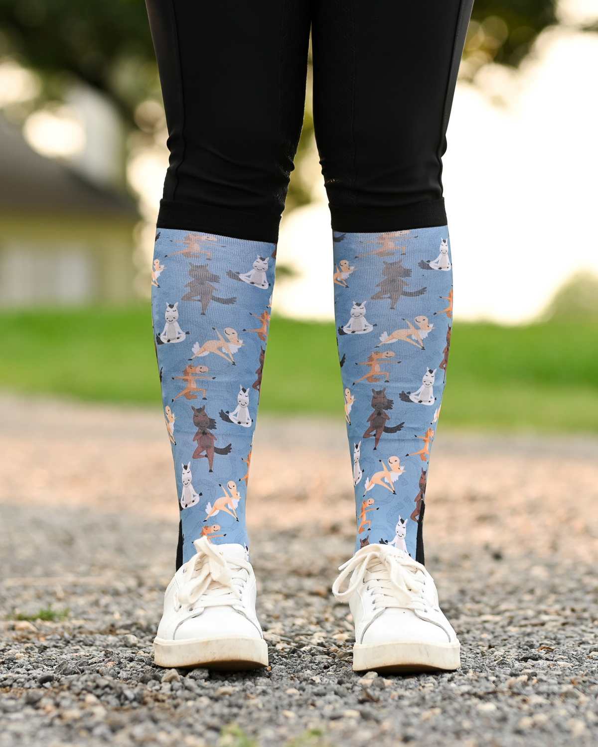 Pony Pilates boot socks seen from the front, soft blue ground scattered with horses stretching through yoga poses