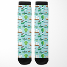 Limited Edition Pony Island Pony Transport Socks with colorful pony and vehicle pattern on light blue background