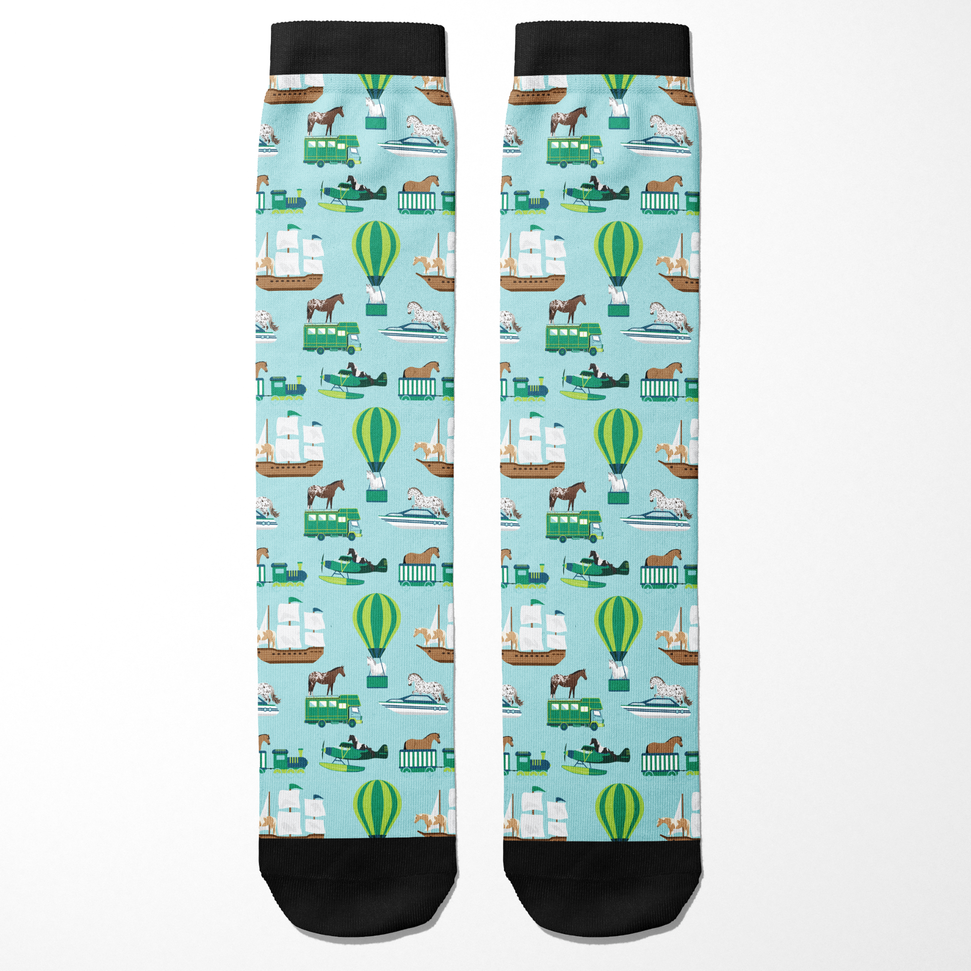 Limited Edition Pony Island Pony Transport Socks with colorful pony and vehicle pattern on light blue background