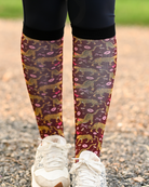 Ready to Play Pair & a Spare boot socks worn on the calf, burgundy with gold leopards, pink lips and bows