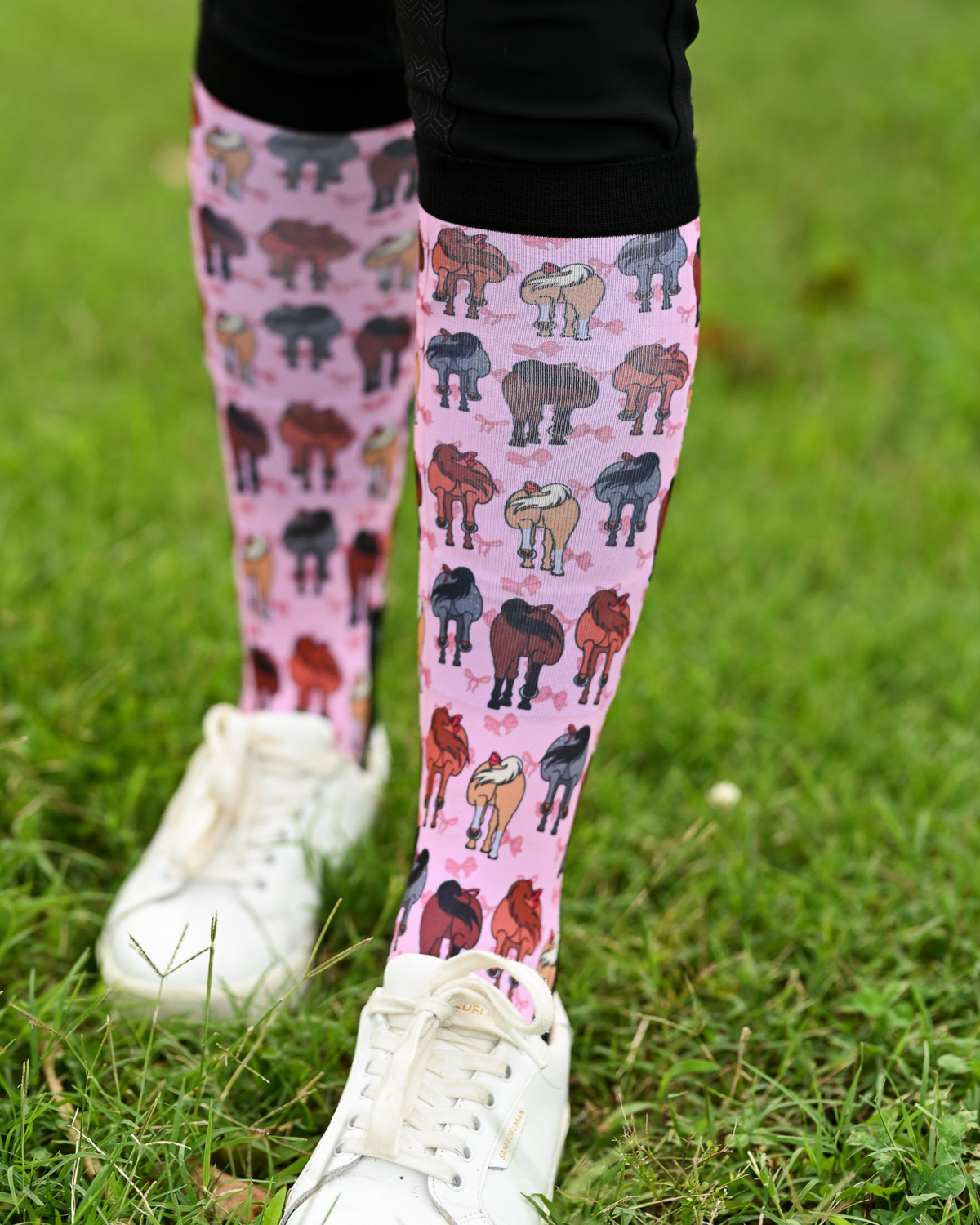 Red Ribbon Girlies Pair & a Spare boot socks worn on the calf, pink with horse hindquarters tied with red bows