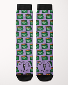 Ride for Rayas Dumpster Fire equestrian boot socks in lilac with green This Is Fine dumpsters, flat lay, by Dreamers & Schemers