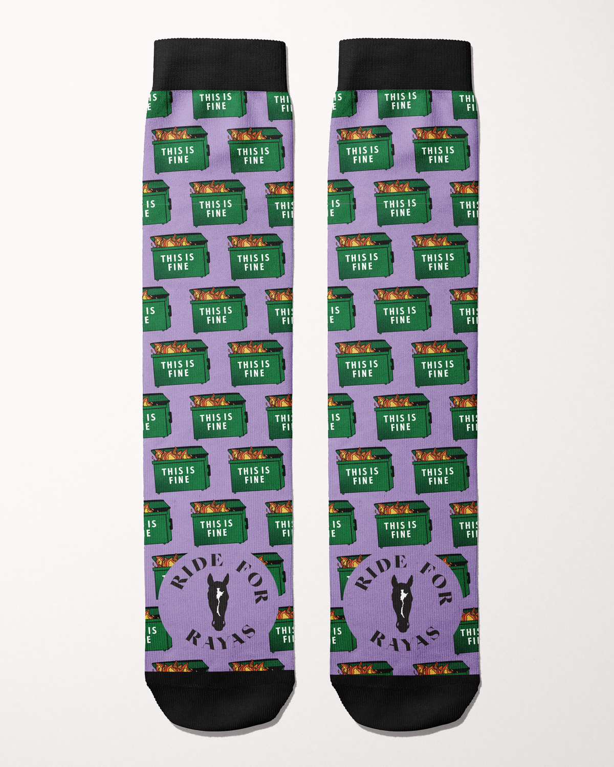 Ride for Rayas Dumpster Fire equestrian boot socks in lilac with green This Is Fine dumpsters, flat lay, by Dreamers & Schemers