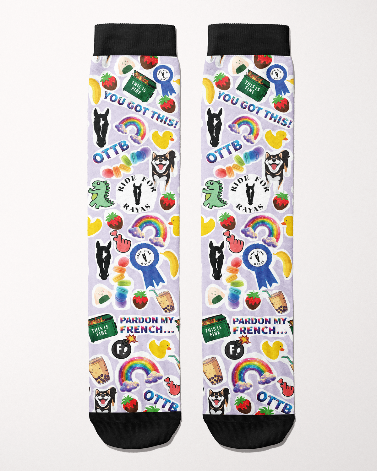 Ride for Rayas Friendship equestrian boot socks, pale lilac sticker collage of rainbows, ducks and ribbons, by Dreamers & Schemers