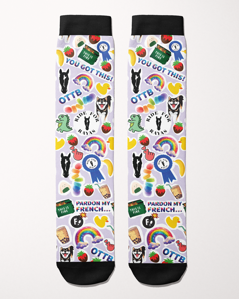 Ride for Rayas Friendship equestrian boot socks, pale lilac sticker collage of rainbows, ducks and ribbons, by Dreamers & Schemers