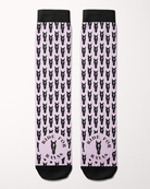 Ride for Rayas Nikko equestrian boot socks in pale pink with black horse heads, flat lay of the pair, by Dreamers & Schemers