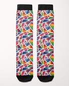 Ride for Rayas Original Art equestrian boot socks in a rainbow painted mosaic print, flat lay, by Dreamers & Schemers