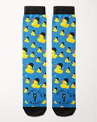 Ride for Rayas Rubber Ducky equestrian boot socks in bright blue with helmet-wearing ducks, flat lay, by Dreamers & Schemers