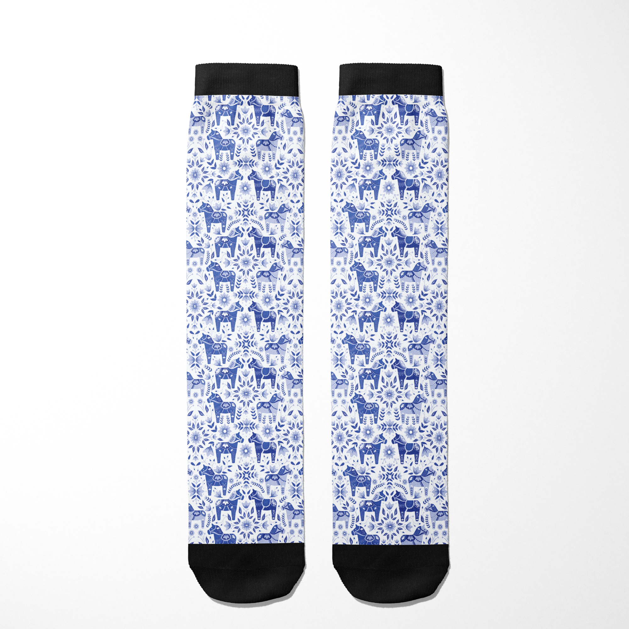 Limited Edition Pony Island Dala Horses Socks with blue folk-art pony pattern and black accents