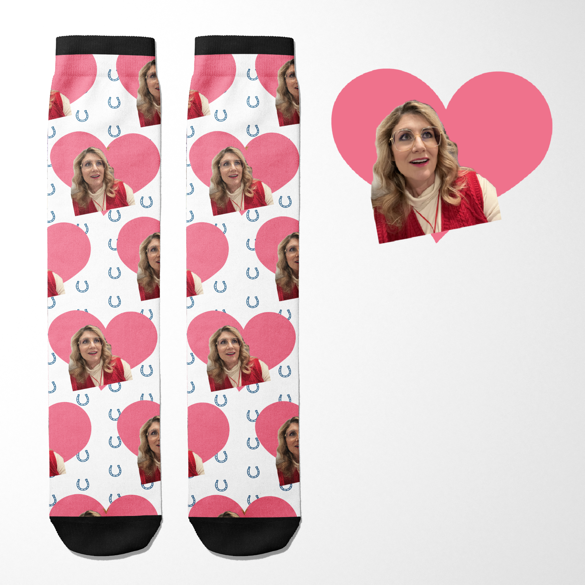 Custom Heart with Blue Horseshoes Socks featuring personalized photo and pink heart design
