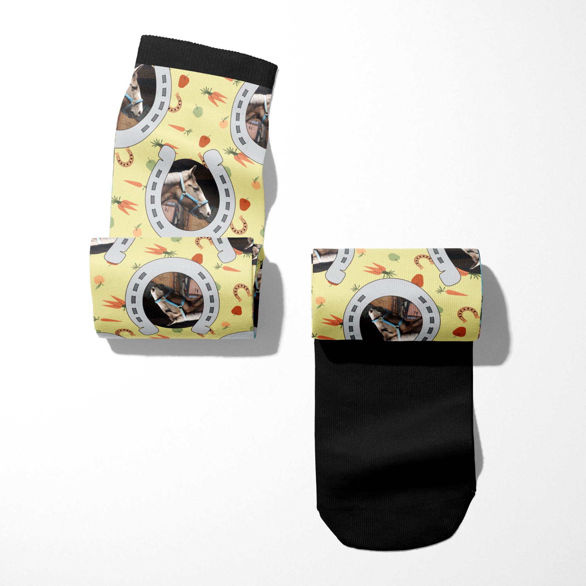 Custom horseshoe pattern socks with personalized horse photo and stable snack designs