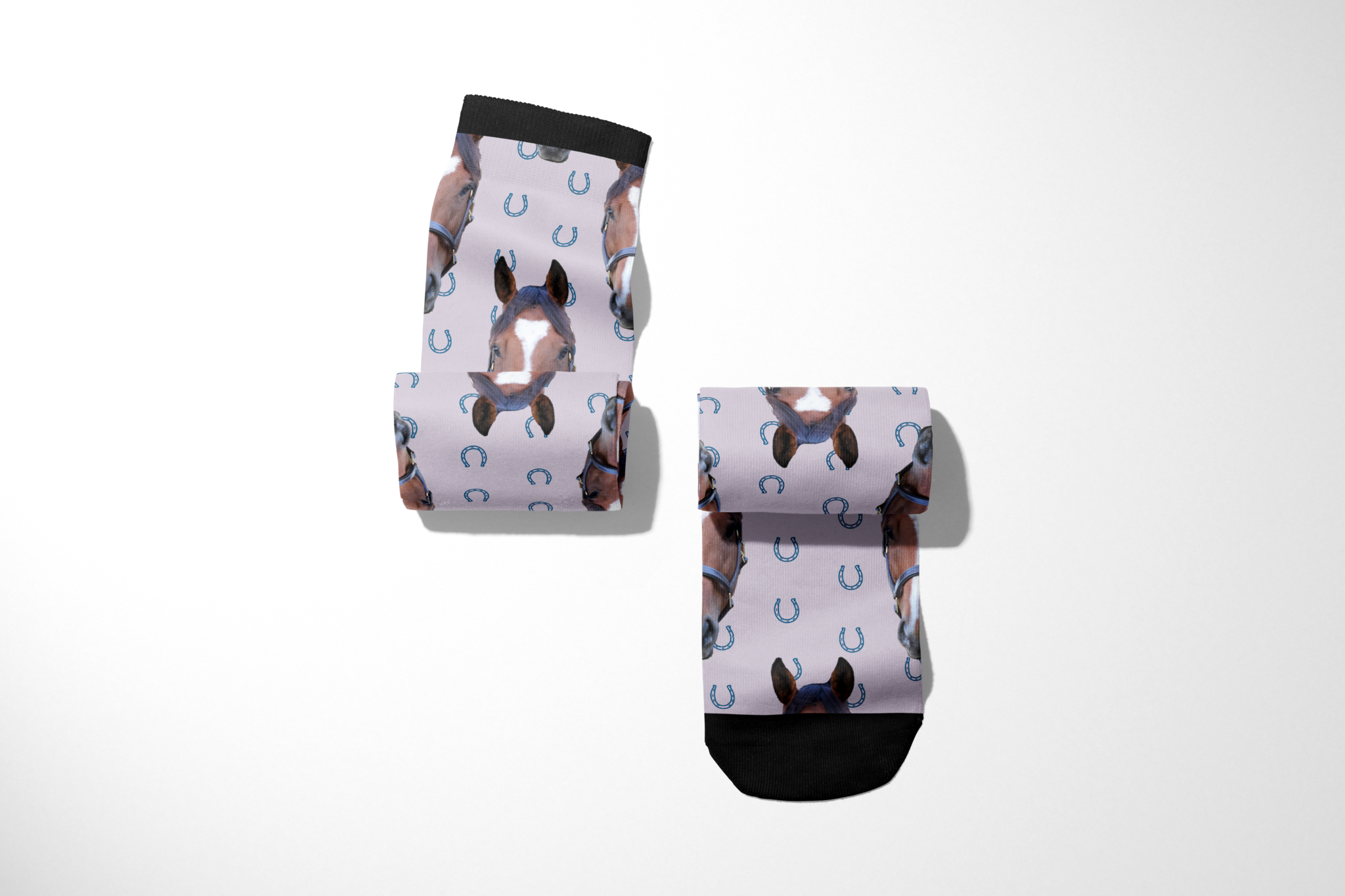 Custom Solo socks with blue horseshoes and horse face pattern