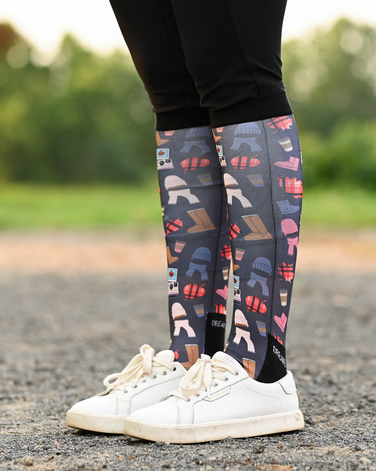 Sept Starter Pack riding boot socks styled over breeches, charcoal with autumn boots, plaid, beanies and lattes