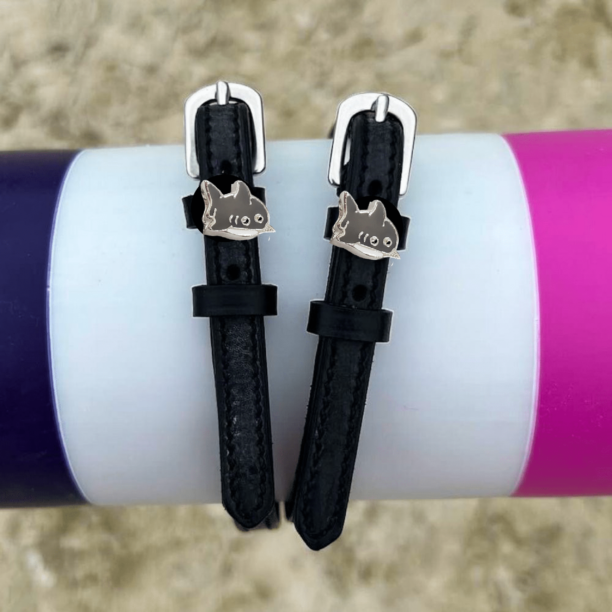 SHARK 🦈 Spur Straps ManeJane black leather spur straps with non-stretch interior and stainless steel buckle for English rid.