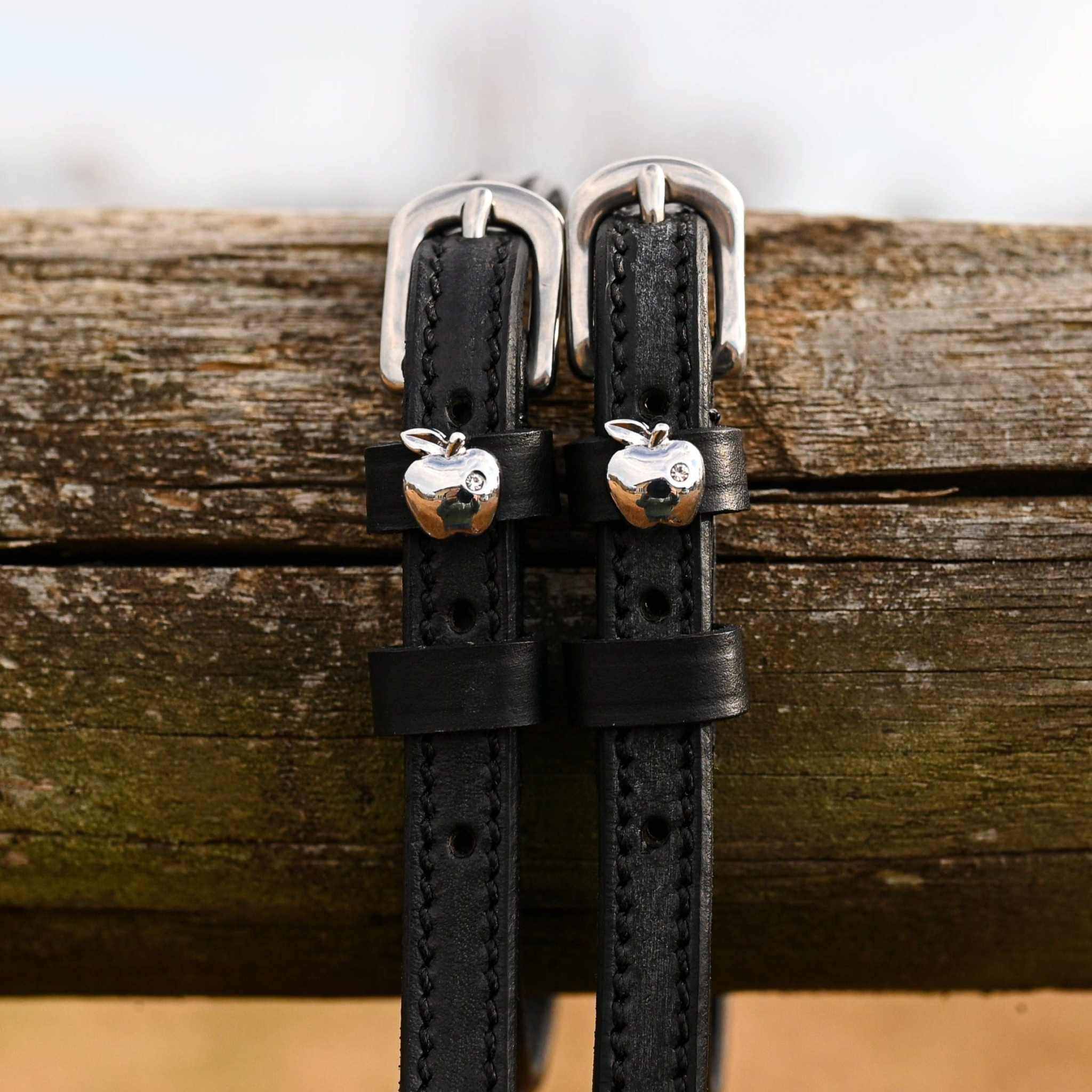 Silver Apple Spur Straps ManeJane black leather spur straps with non-stretch interior and stainless steel buckle for Englis.