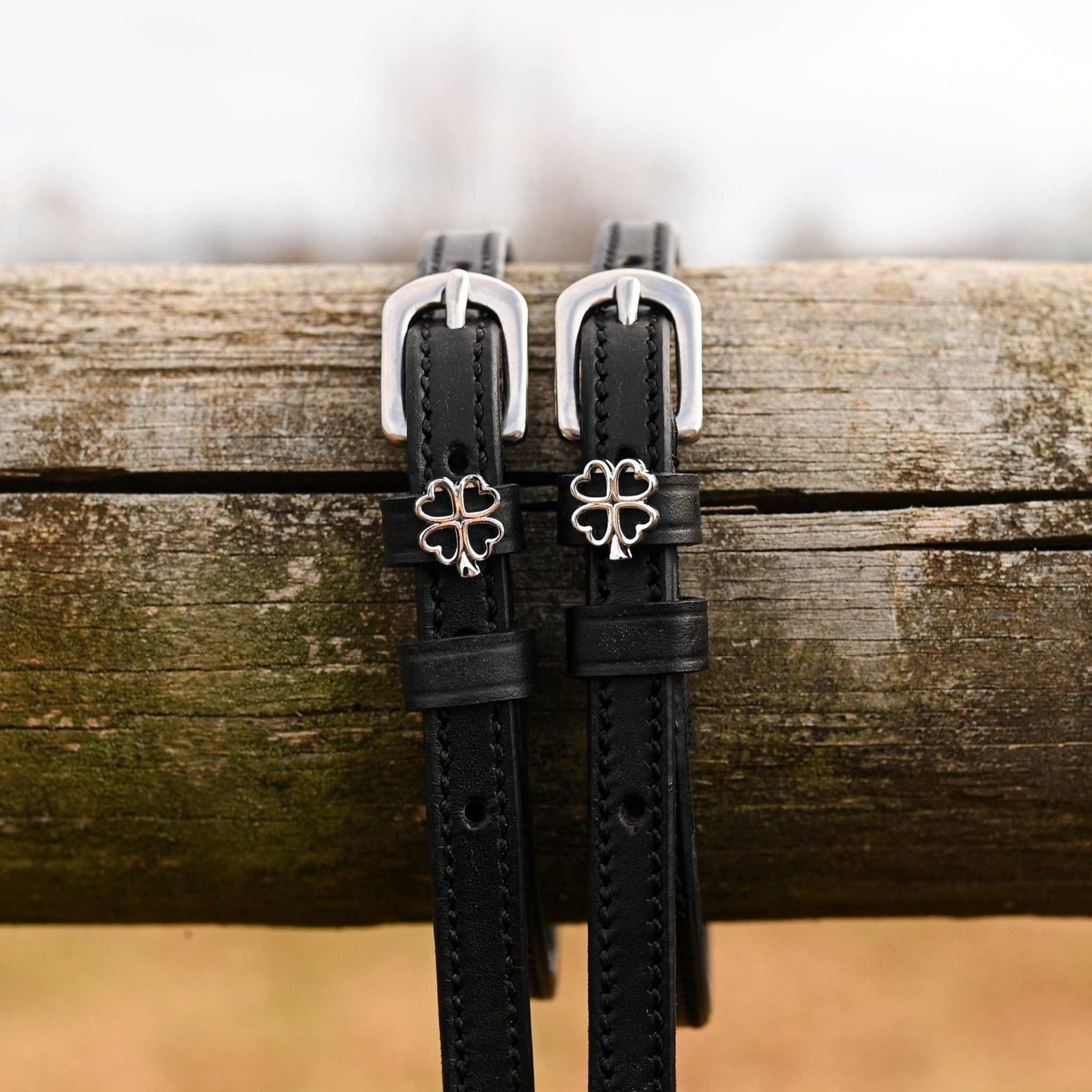 Silver Outline Clover Spur Straps ManeJane black leather spur straps with non-stretch interior and stainless steel buckle f.