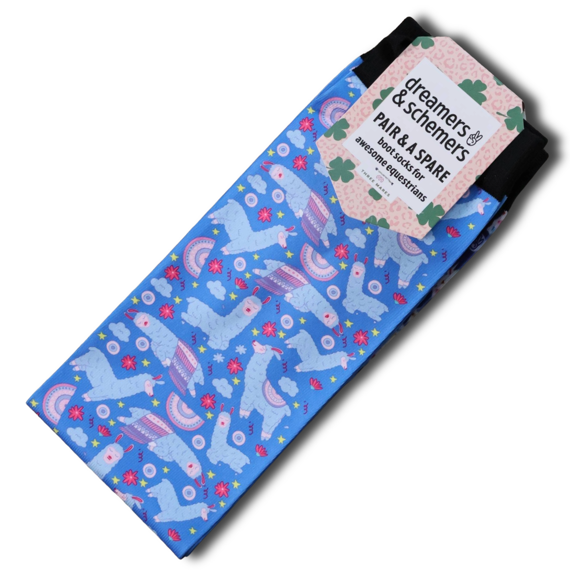 Sleepy Llama Pair & a Spare equestrian boot socks in Light Blue, by Dreamers & Schemers