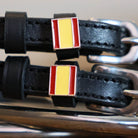Black leather Spain Flag Spur Straps with stainless steel buckle and custom charm on peg display card