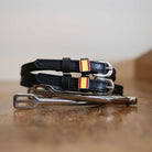 Black leather Spain Flag Spur Straps with stainless steel buckle and custom charm