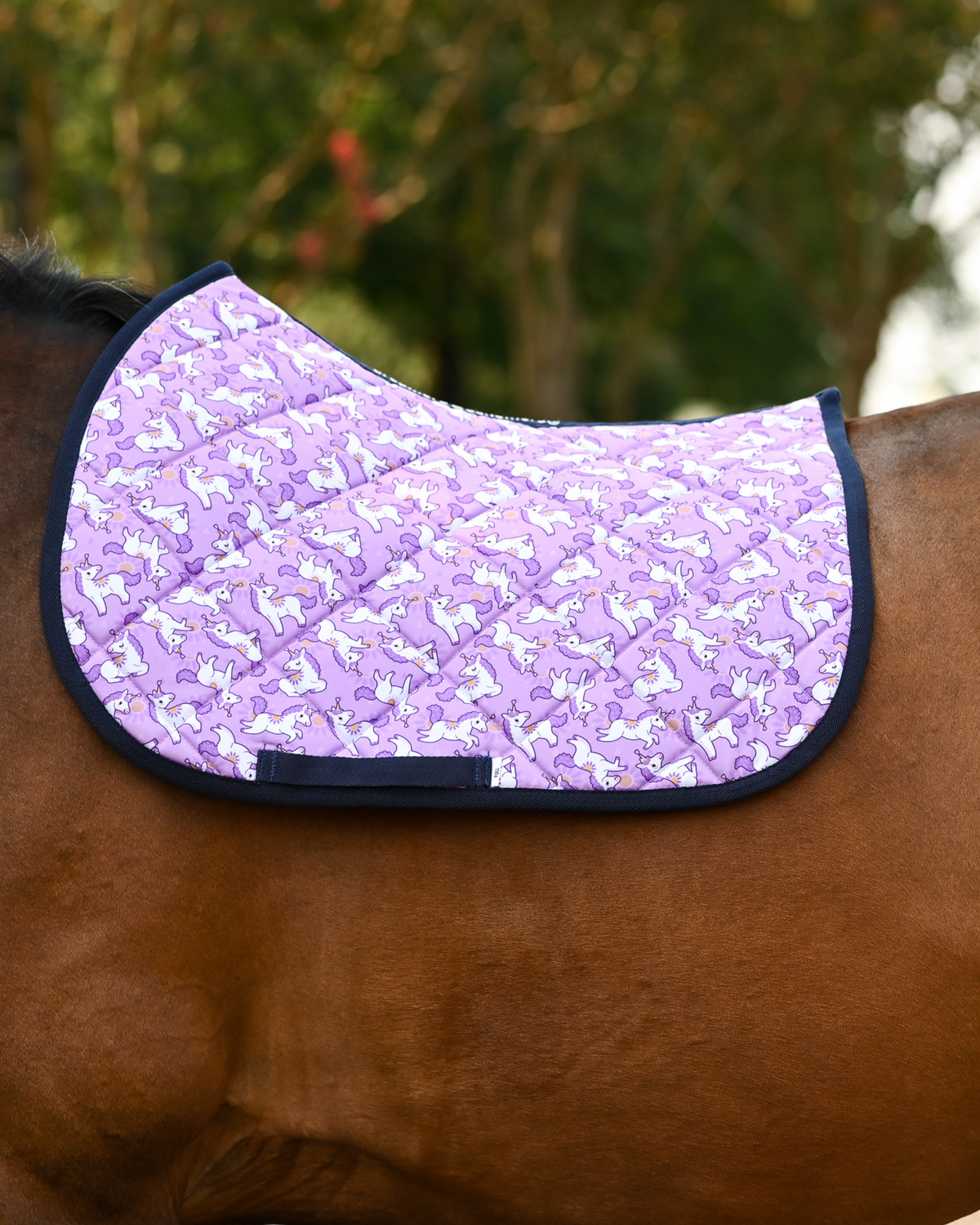 Sunshine & Unicorns saddle pad in lilac with white unicorns and golden suns, shown with no saddle