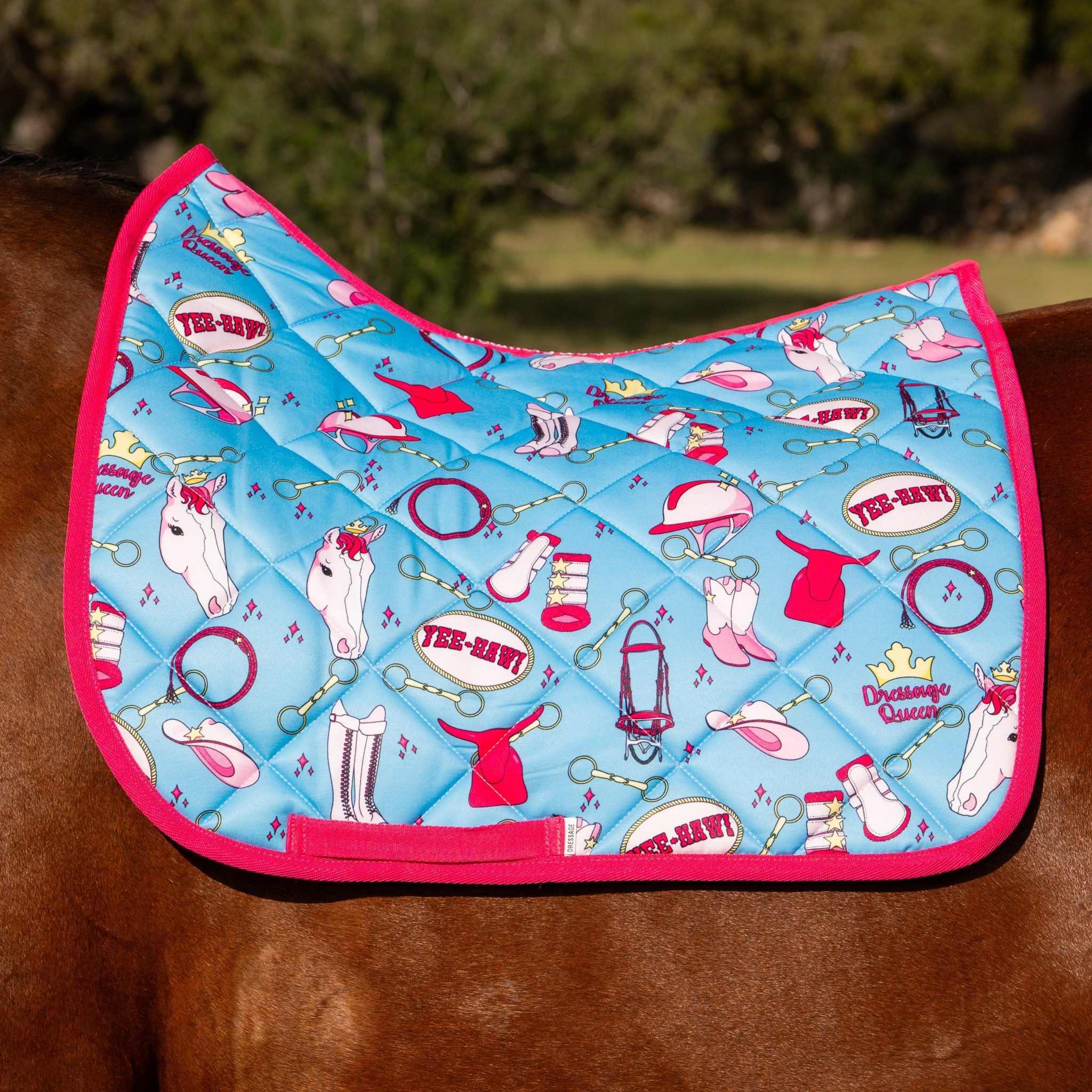 Dreamers & Schemers The Blonde & The Bay Saddle Pad – patterned saddle pad, equestrian gift, horseback riding gear from Dreamers & Schemers Saddle Pads