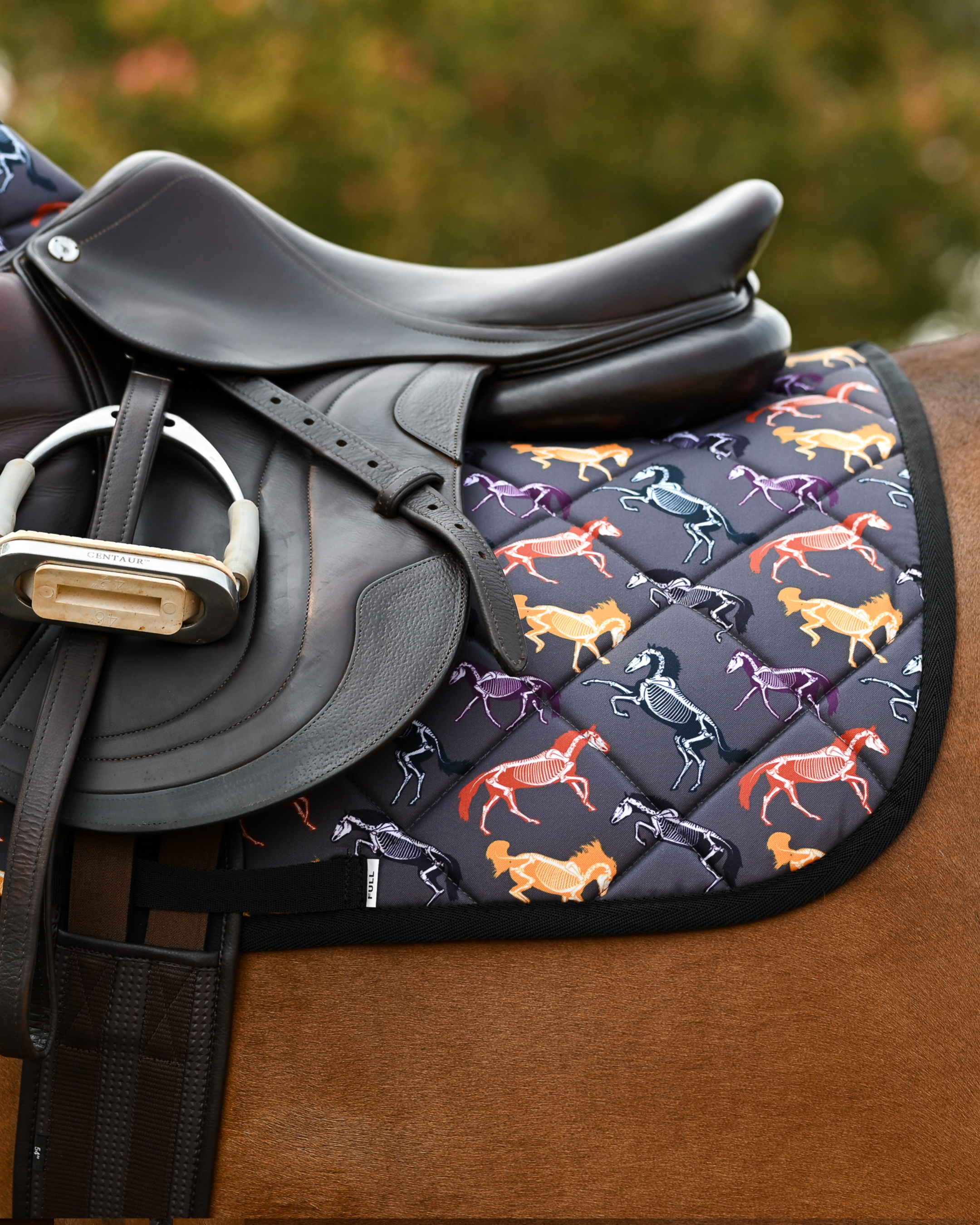 Angled view of the Horse Skeletons saddle pad beneath a brown saddle and stirrup on a bay horse