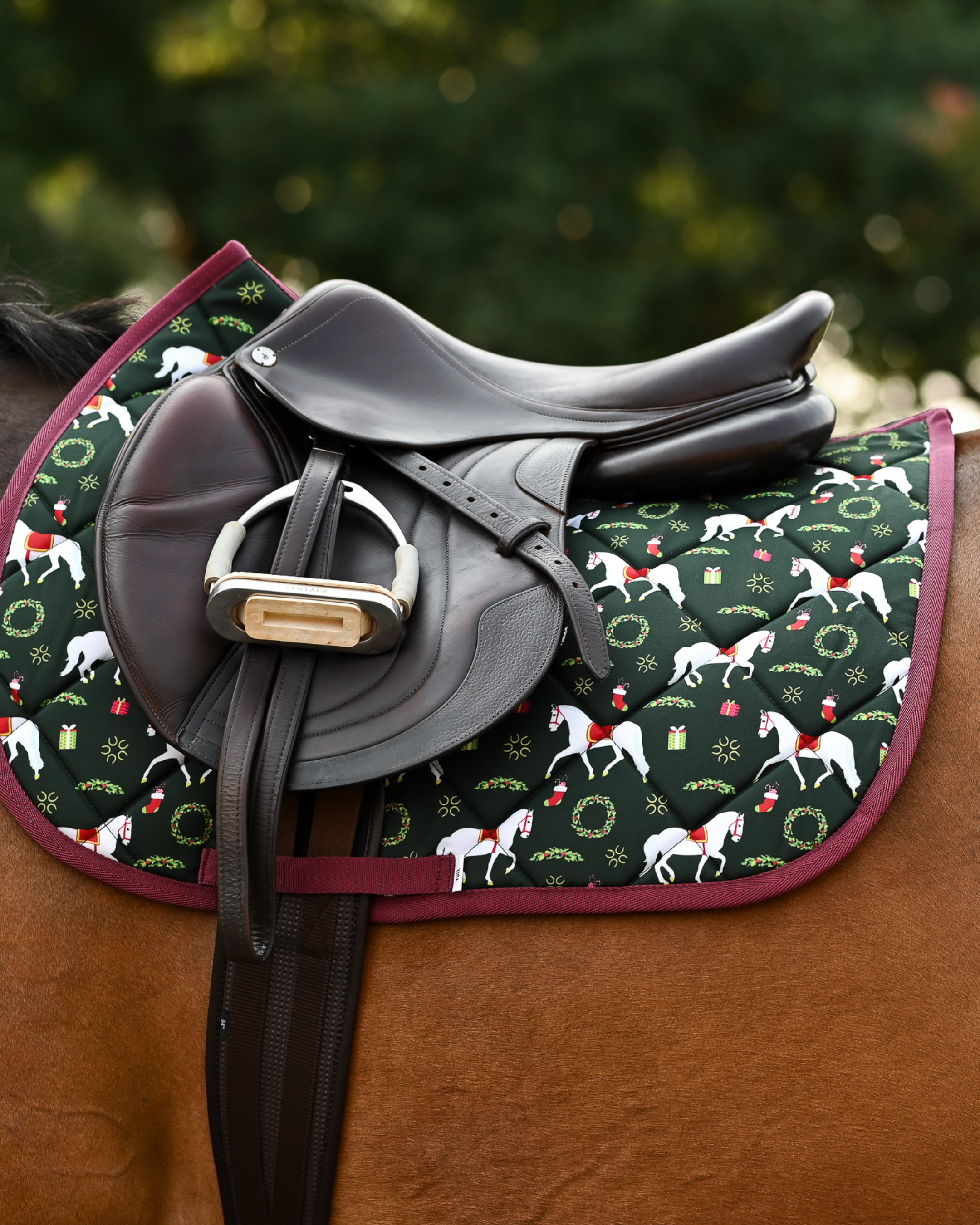 Dark green Lippizan Horses pad with burgundy binding under a brown close-contact saddle and stirrup