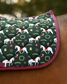 Close crop of the Lippizan Horses print — white dressage horses, holly wreaths and wrapped gifts