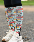 The Pony Island Retro Trailers Pair & a Spare boot socks worn on the calf, mint green with vintage horse trailers