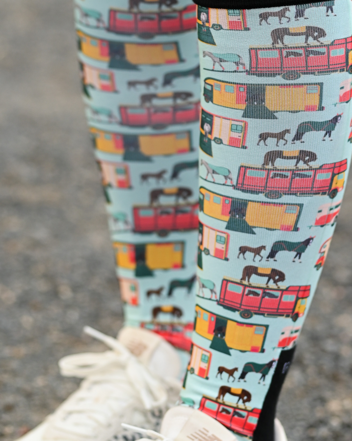 Close crop of the The Pony Island Retro Trailers boot sock print, vintage horse trailers on mint green