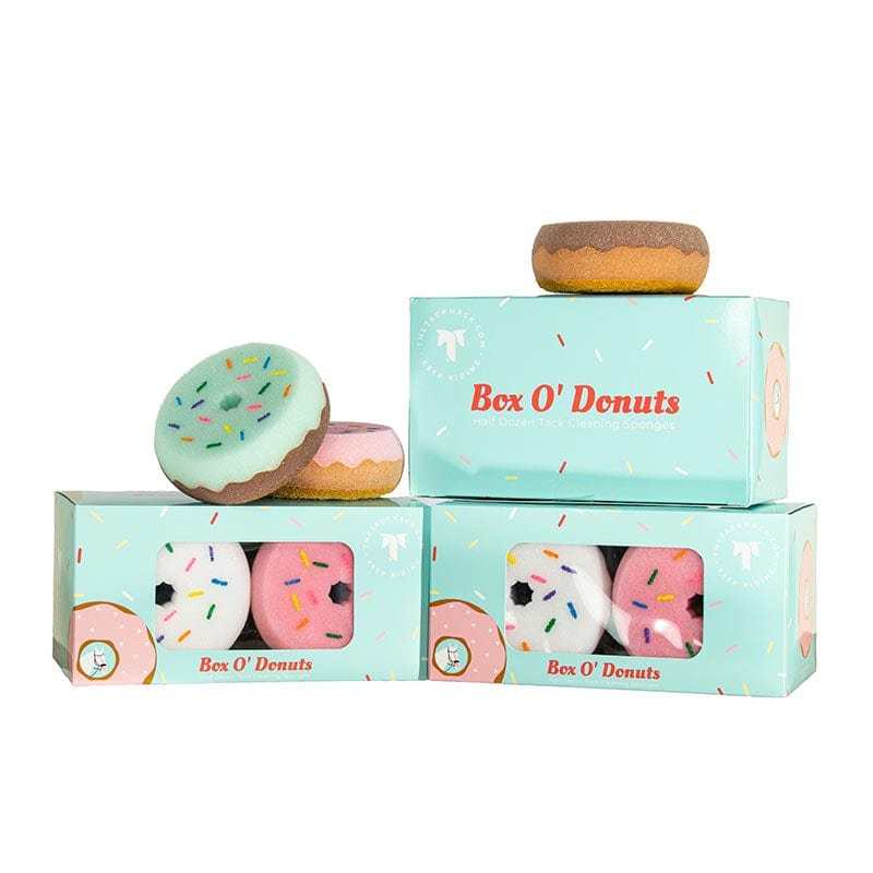 Donutz Equestrian Bundle with 6-pack donut tack sponges and colorful donut spur straps in decorative boxes