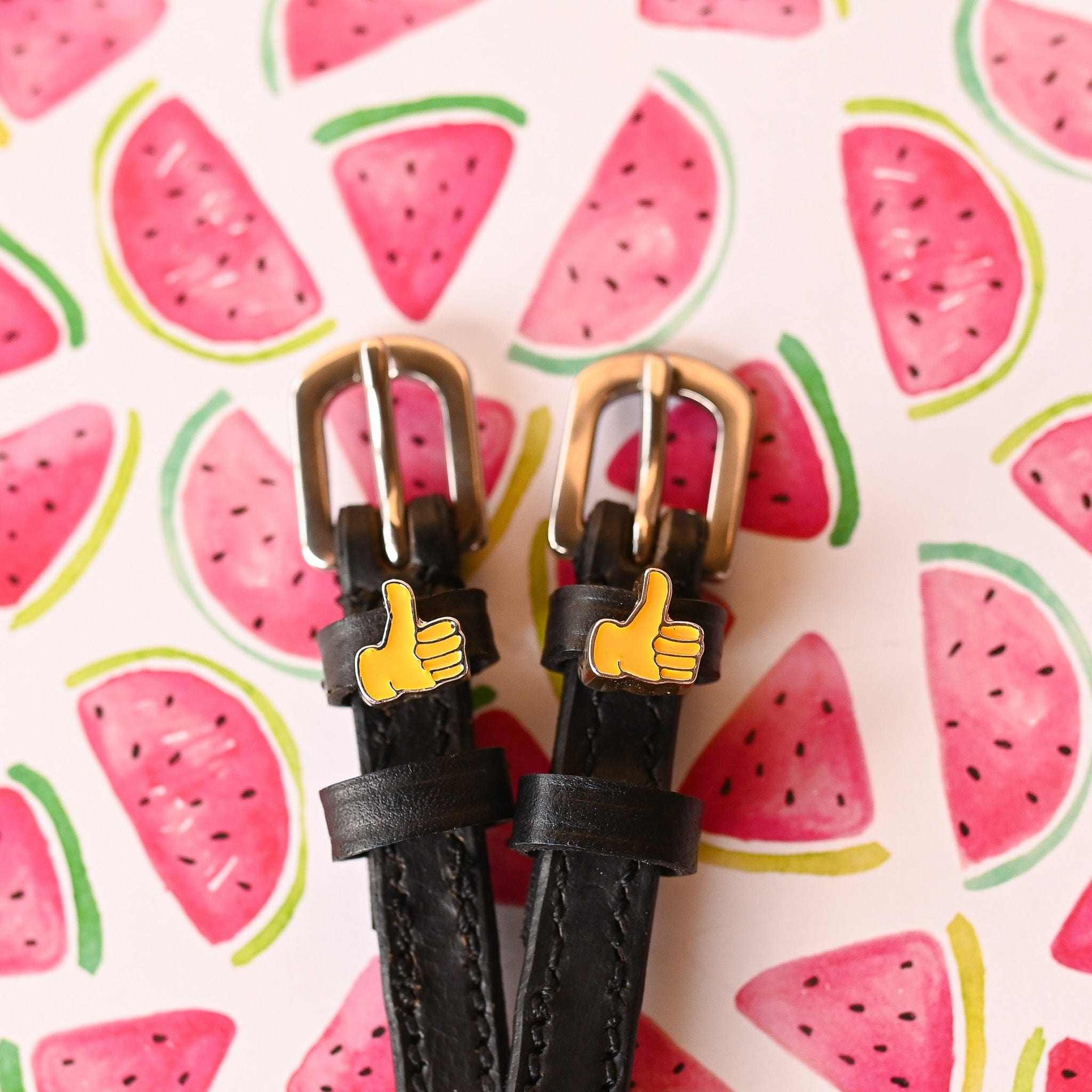 Thumbs Up Emoji Spur Strap ManeJane black leather spur straps with non-stretch interior and stainless steel buckle for Engl.