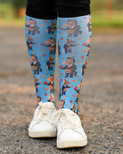 Treat Tax Pair & a Spare boot socks worn on the calf, bright blue with horses in business suits paying the treat tax