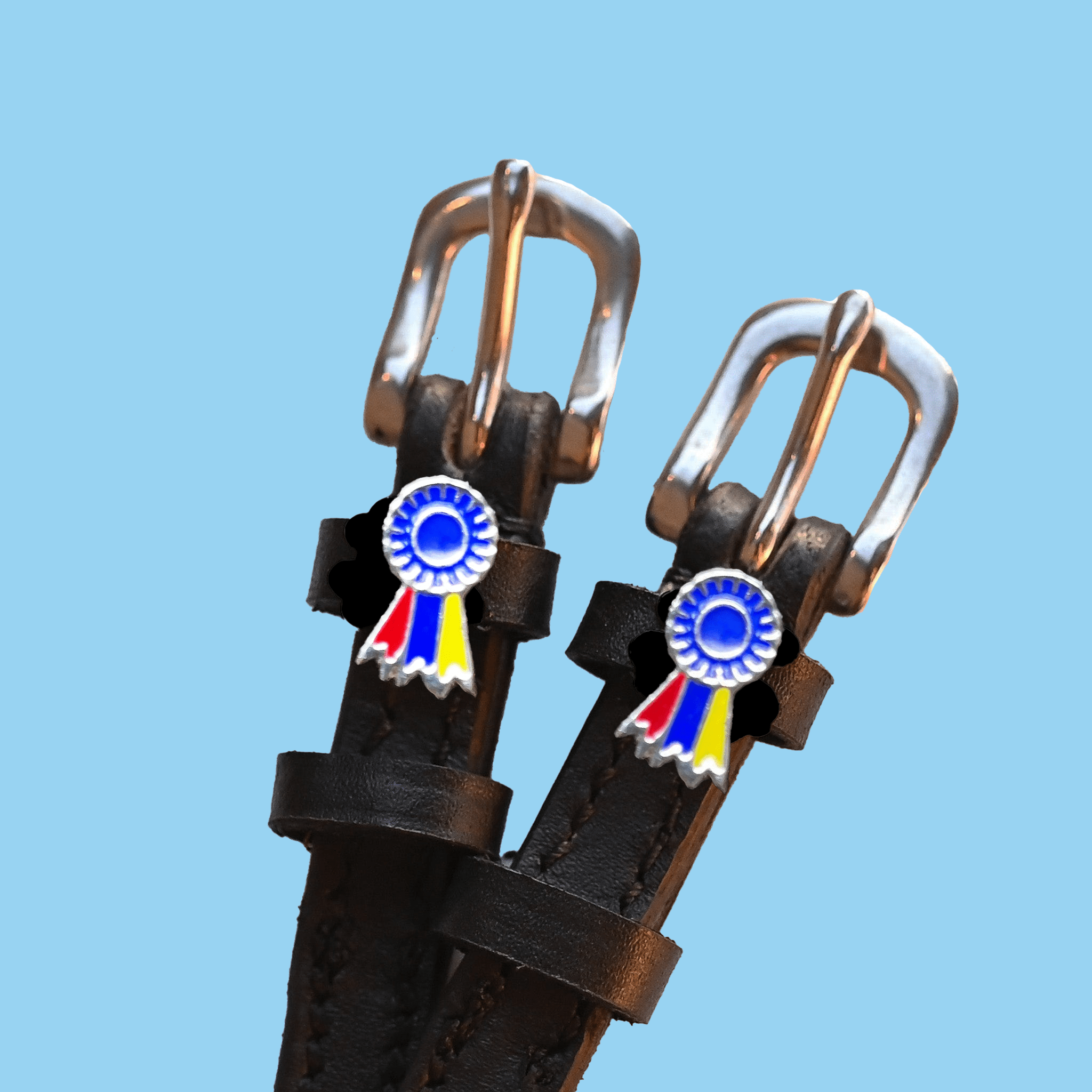 Tri-Color Ribbon Spur Strap ManeJane black leather spur straps with non-stretch interior and stainless steel buckle for Eng.