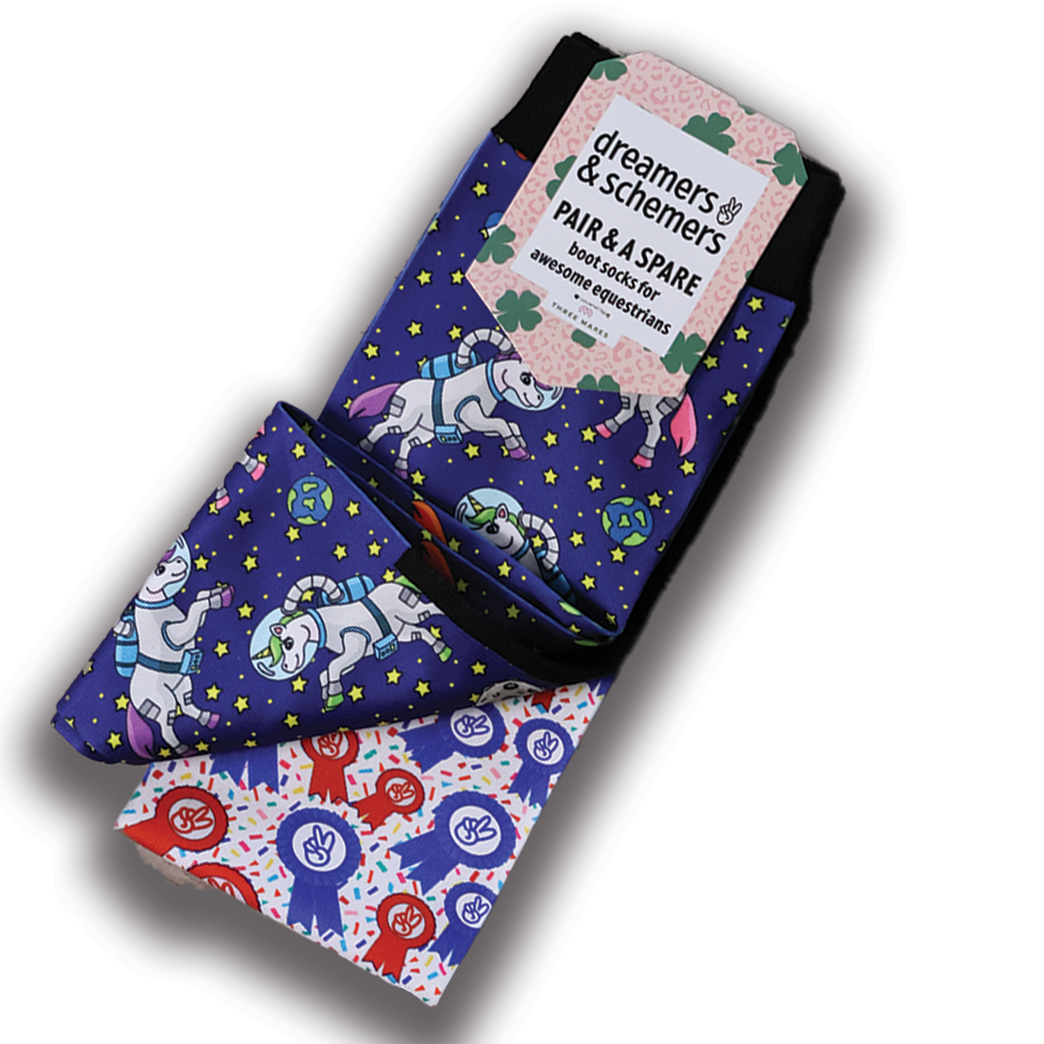 Unicorns in Space themed black top boot socks with Pair & Spare magic, breathable knit and flat-seam toe