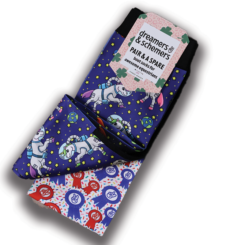 Unicorns in Space themed black top boot socks with Pair & Spare magic, breathable knit and flat-seam toe