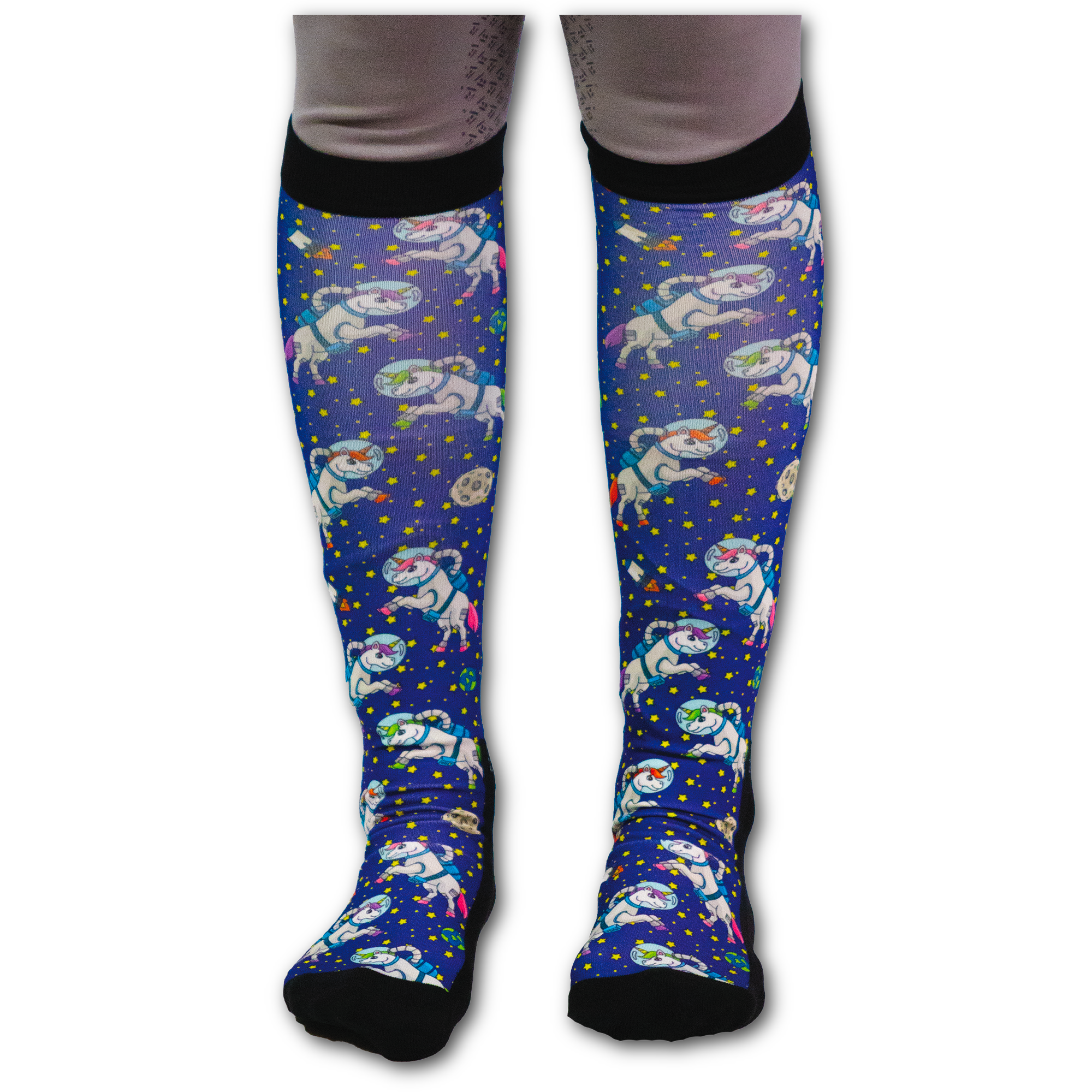 Unicorns in Space socks wholesale pack with magical spare sock pair and black boot sock design
