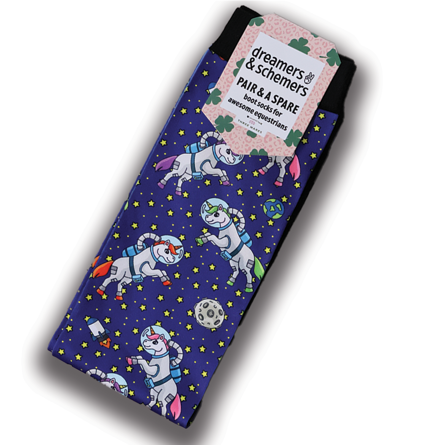 Unicorns in Space black boot socks pair and spare with flat-seam toe and breathable knit